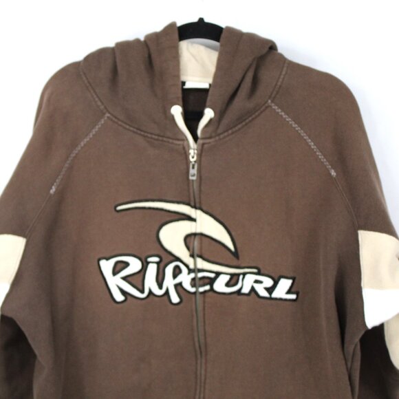 RIP CURL ZIP VTG 90'S HOODIE STASH POCKET TWO TONE BROWN TAN WHITE SWEATSHIRT XL - Picture 2 of 7